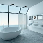 modernes Badezimmer, Panoramafenster, freistehende Wanne, hell Gestaltet