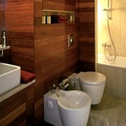 Badezimmer, Wand Naturholz, modern Beleuchtung